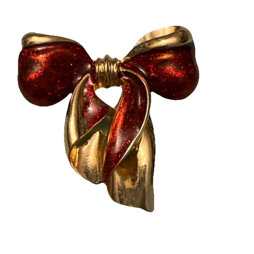 Vintage Classic Christmas Bow Brooch Glittery Red Gold Tone 2” Festive/ Holiday
